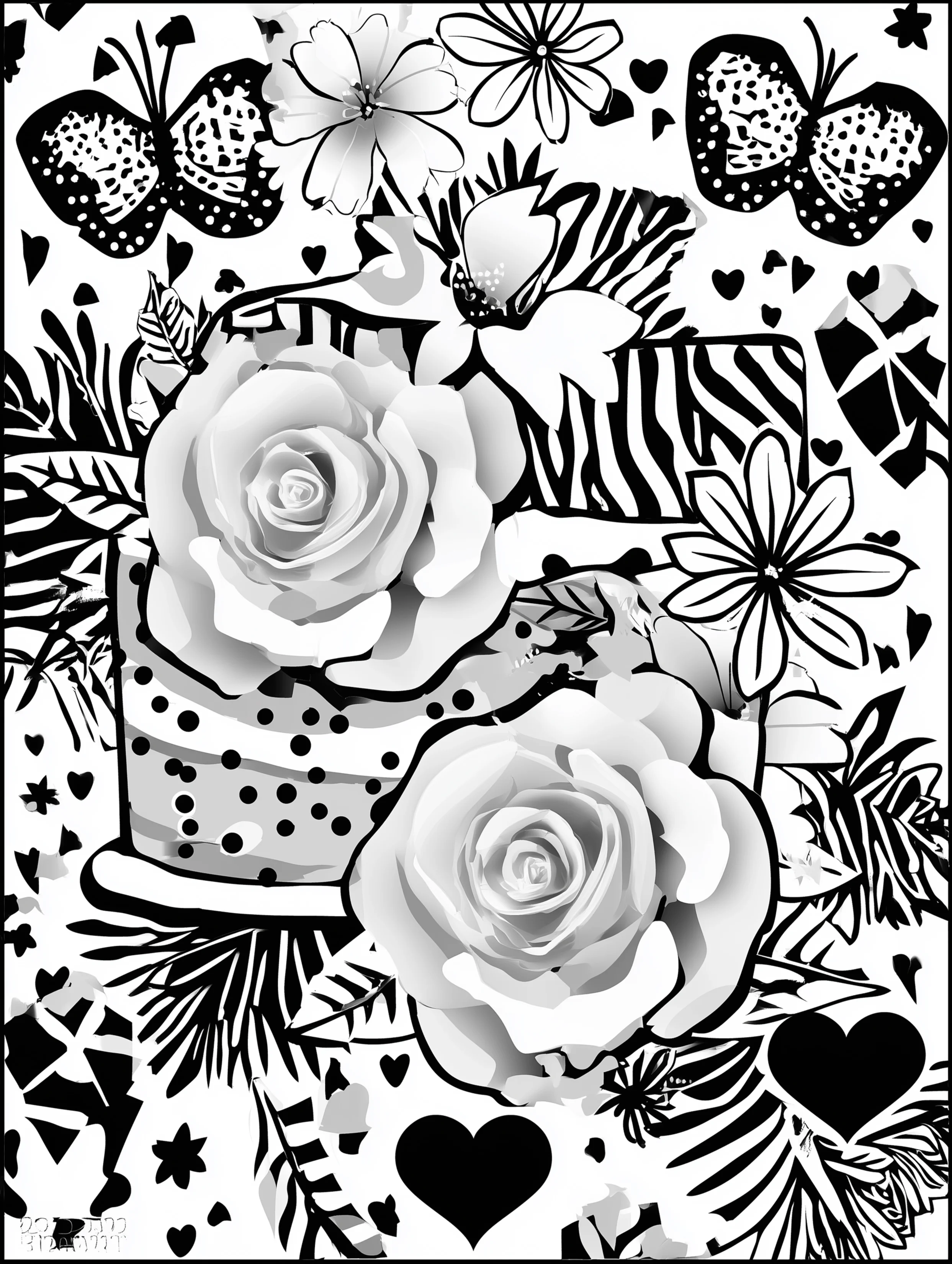Free printable coloring page for adults featuring a messy cake with butterflies